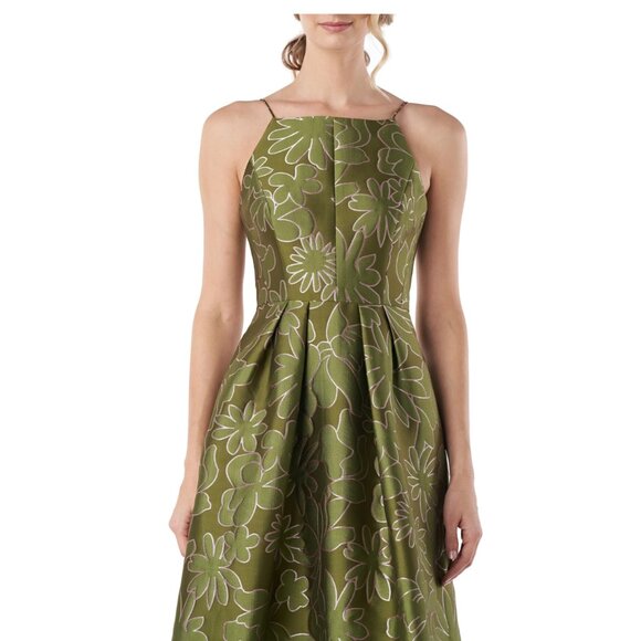 Kay Unger Jada Jacquard Halter Neck Gown Dress Green w/ Pink Embroidery Size 8 - Picture 5 of 13